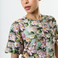 Camile 3D Daisy Print Peplum Blouse - Green