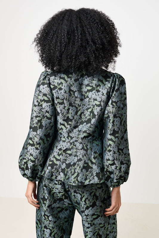 Clementine Blossom Jacquard Peplum Blouse - Black