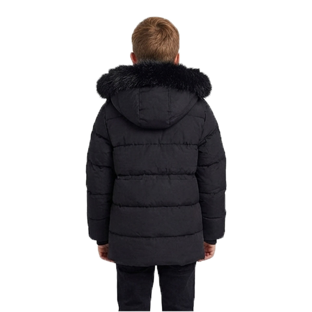 Boys’ Hooded Winter Puffer Parka Jacket with Faux Fur Lining – Black