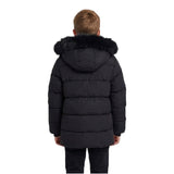 Boys’ Hooded Winter Puffer Parka Jacket with Faux Fur Lining – Black