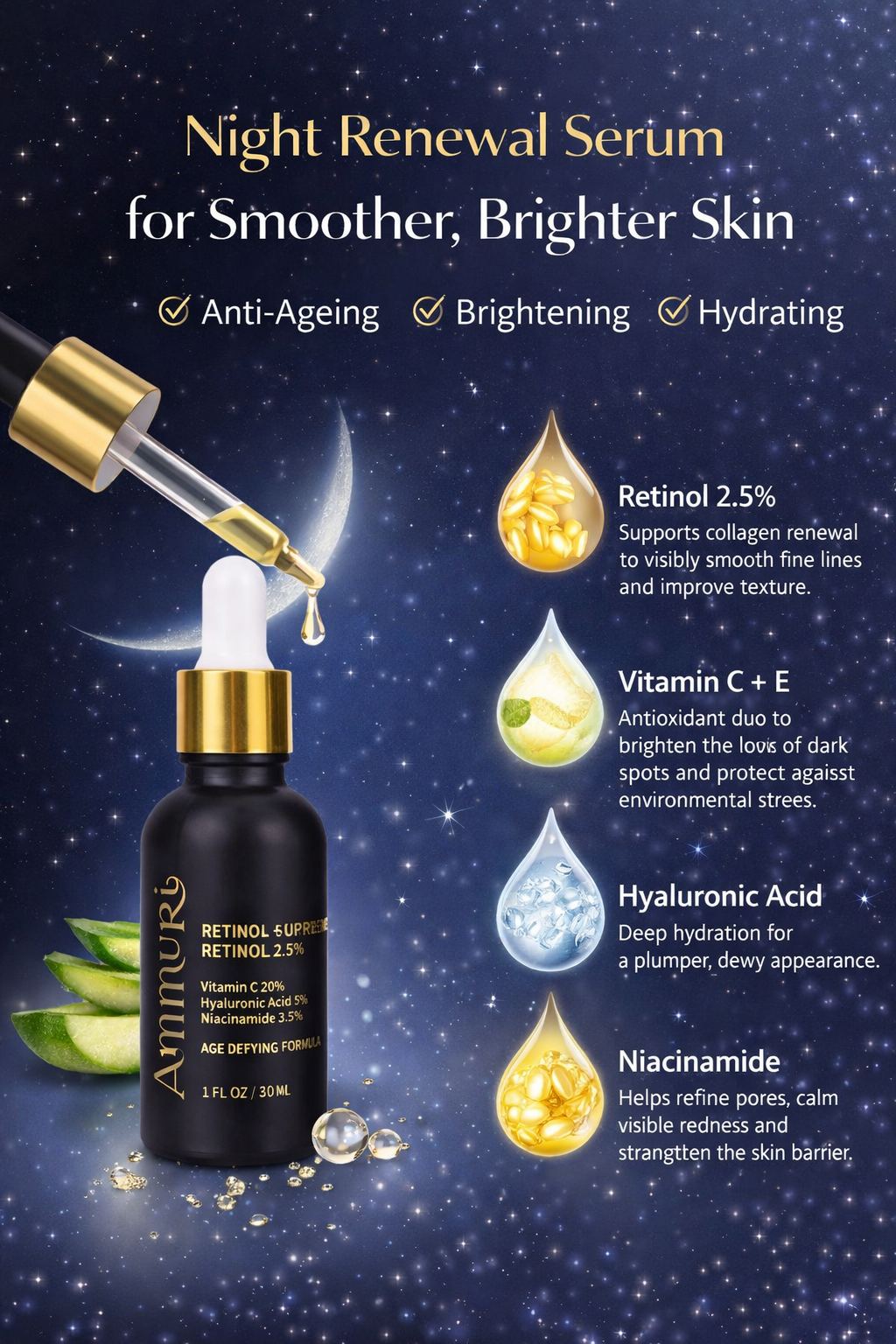 Ammuri Retinol 2.5% Face Serum - Retinol Serum with Vitamin C and Niacinamide