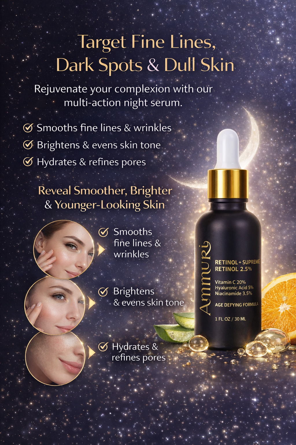 Ammuri Retinol 2.5% Face Serum - Retinol Serum with Vitamin C and Niacinamide