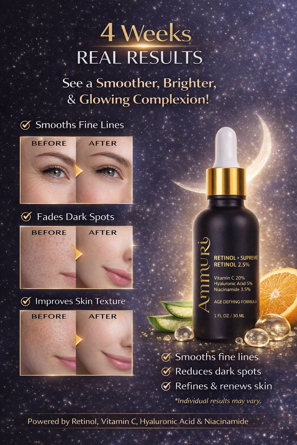 Ammuri Retinol 2.5% Face Serum - Retinol Serum with Vitamin C and Niacinamide