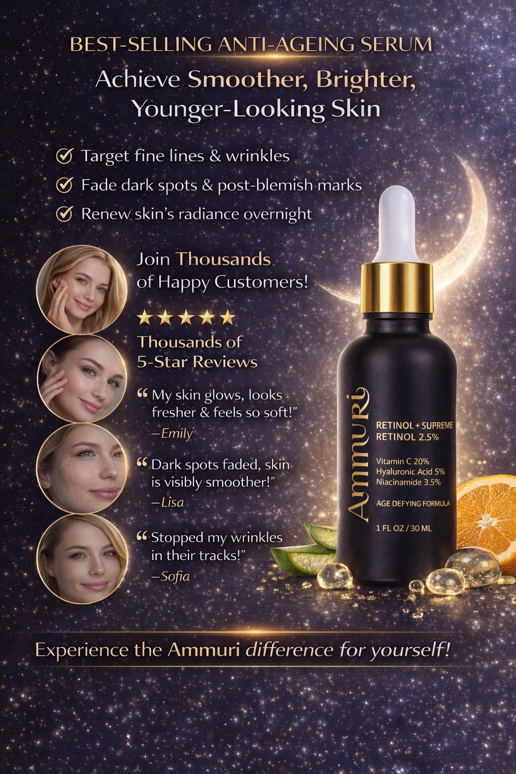 Ammuri Retinol 2.5% Face Serum - Retinol Serum with Vitamin C and Niacinamide