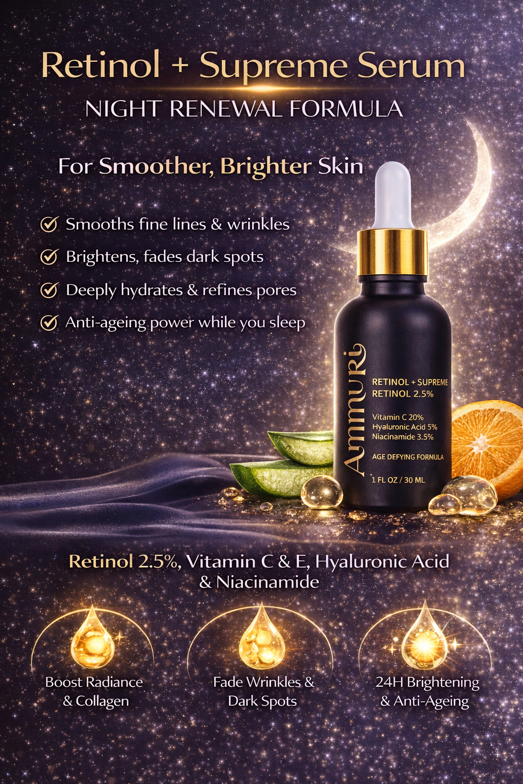 Ammuri Retinol 2.5% Face Serum - Retinol Serum with Vitamin C and Niacinamide