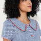 Dot Gingham Ric Rac Trim Statement Collar Mini Dress - Blue