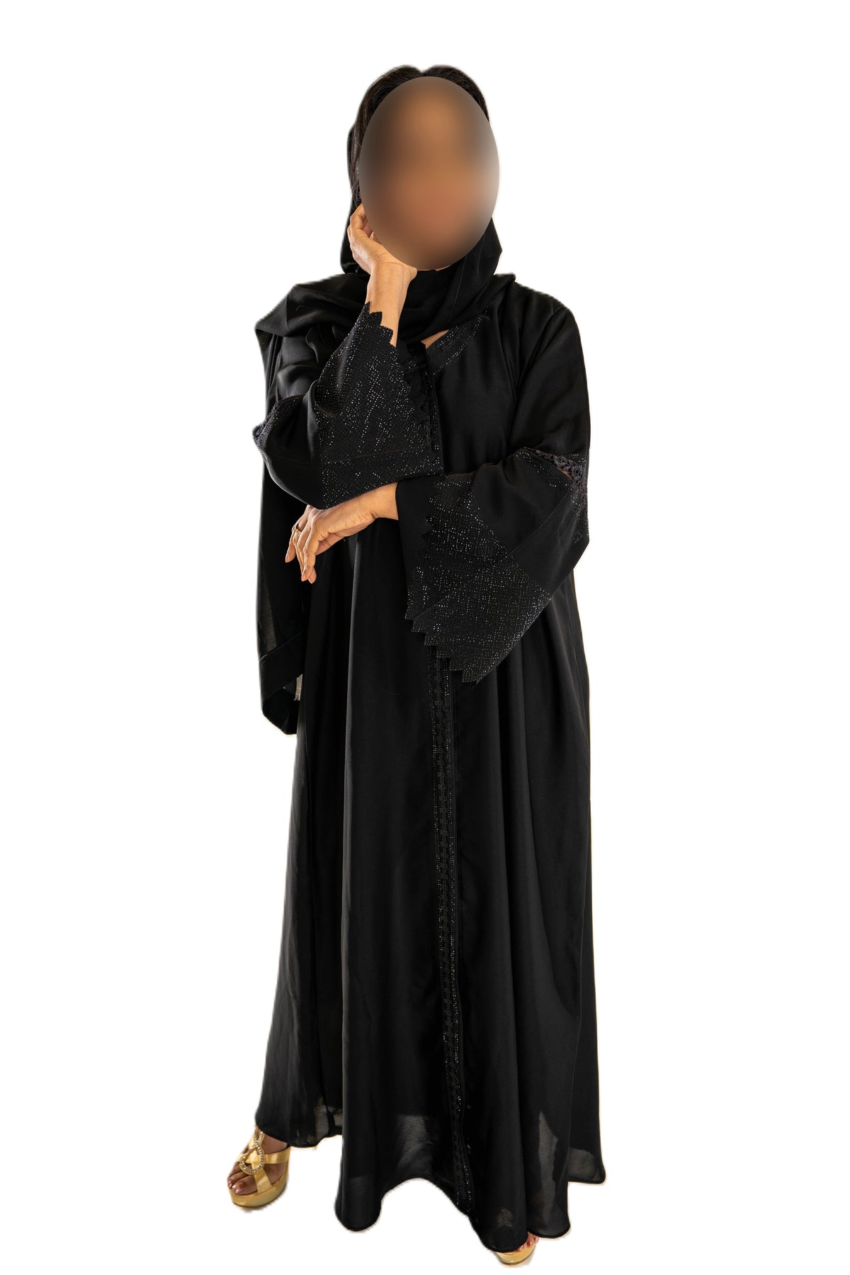 Black DMC Abaya with Elegant Lace Details and Long Sleeves for Women