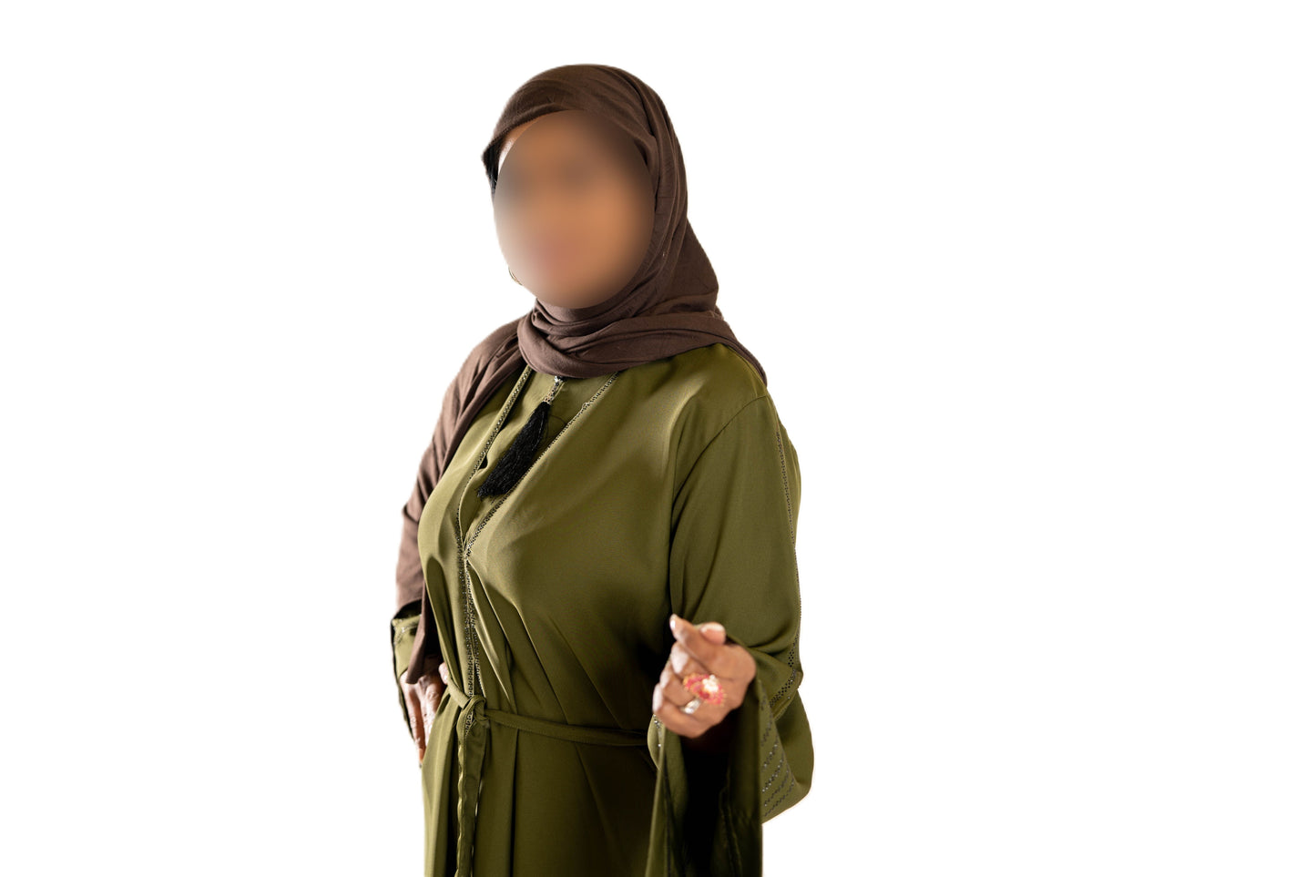 V Neck Abaya with Tassel in Olive Green - Elegant Long Sleeve Dress for Women