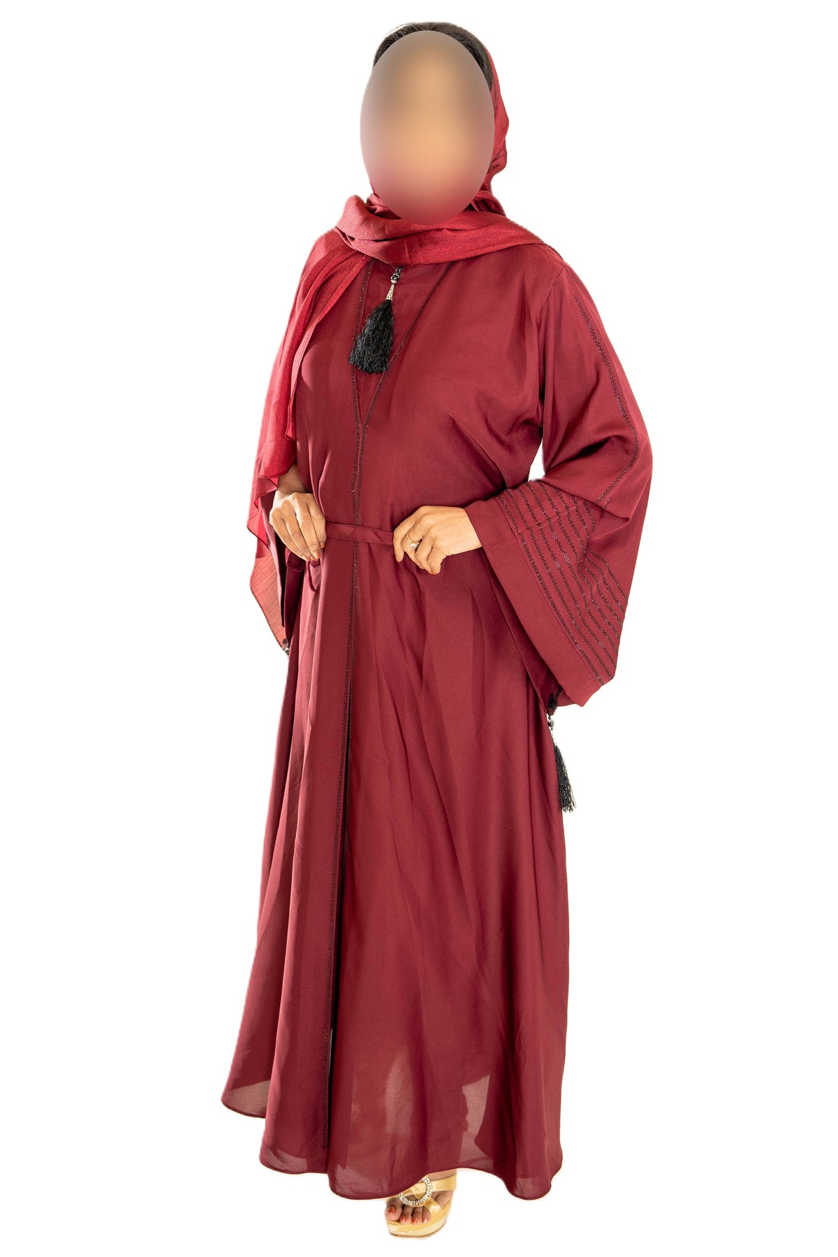 V Neck Abaya with Tassel in Olive Green - Elegant Long Sleeve Dress for Women