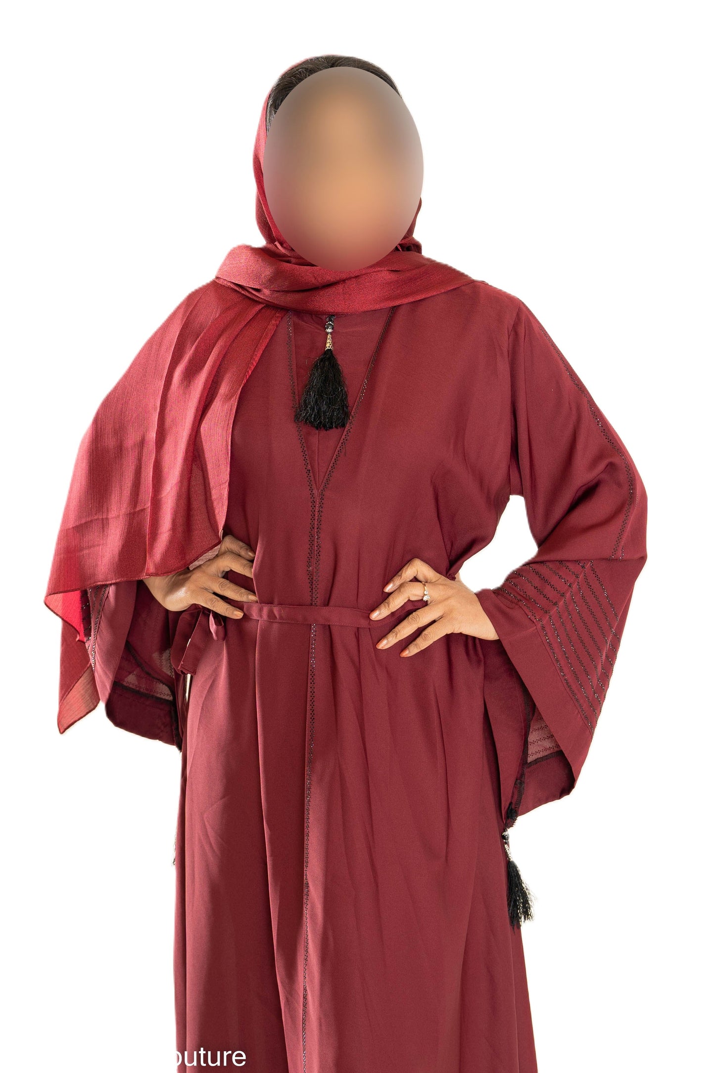 V Neck Abaya with Tassel in Olive Green - Elegant Long Sleeve Dress for Women