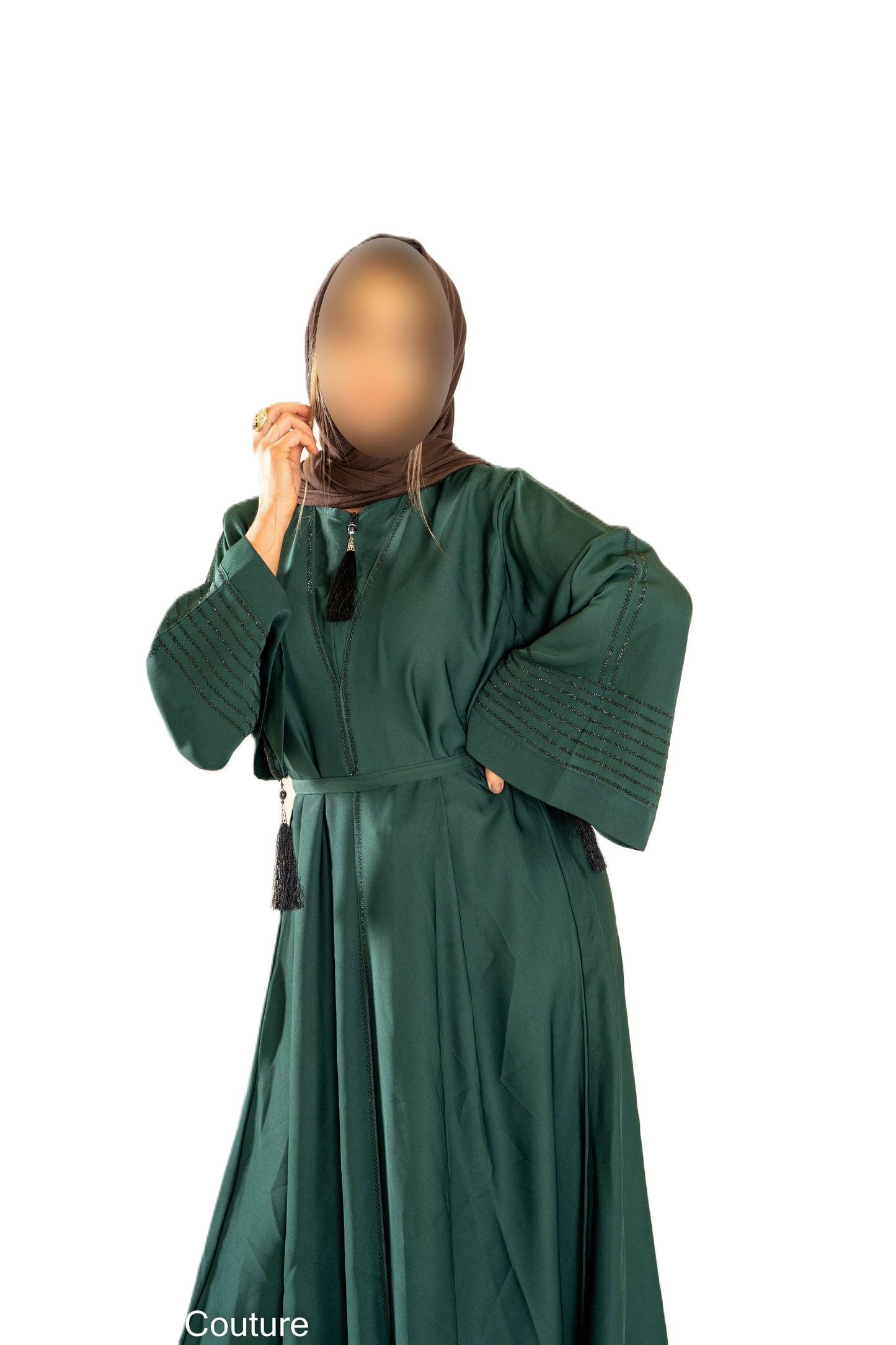 V Neck Abaya with Tassel in Olive Green - Elegant Long Sleeve Dress for Women