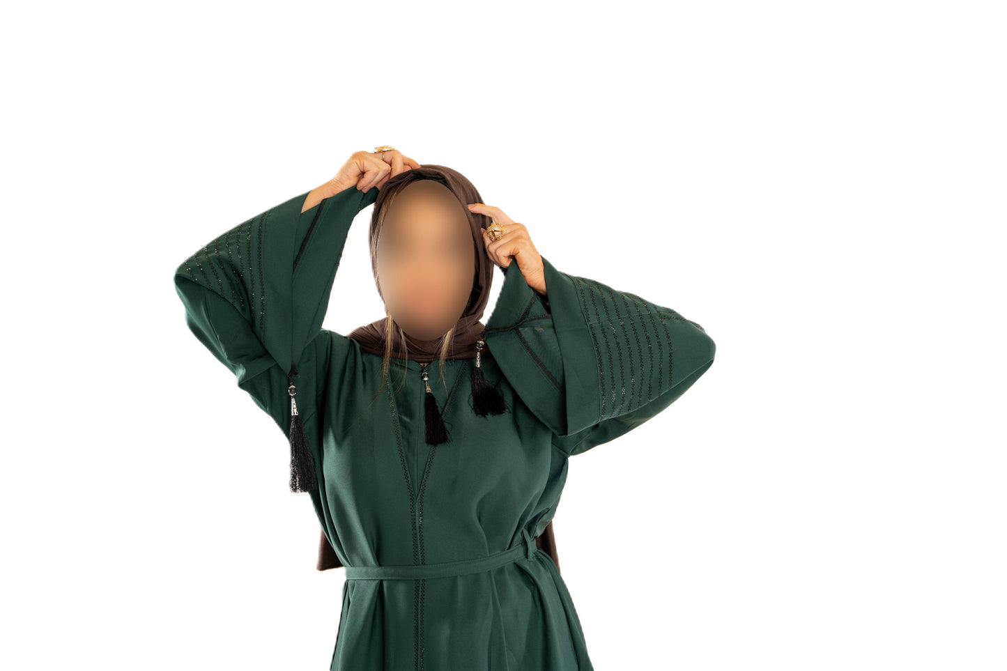 V Neck Abaya with Tassel in Olive Green - Elegant Long Sleeve Dress for Women