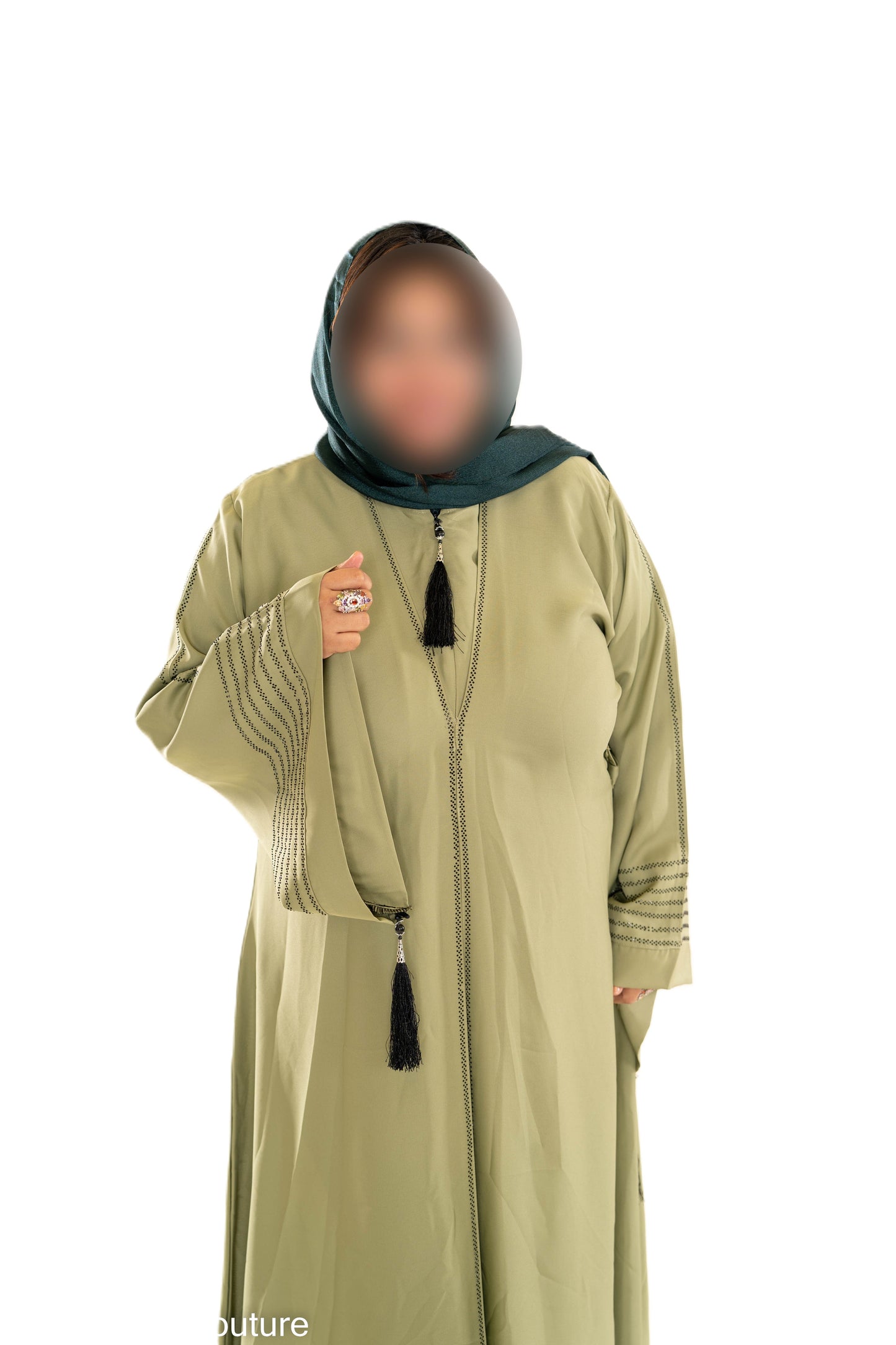 V Neck Abaya with Tassel in Olive Green - Elegant Long Sleeve Dress for Women