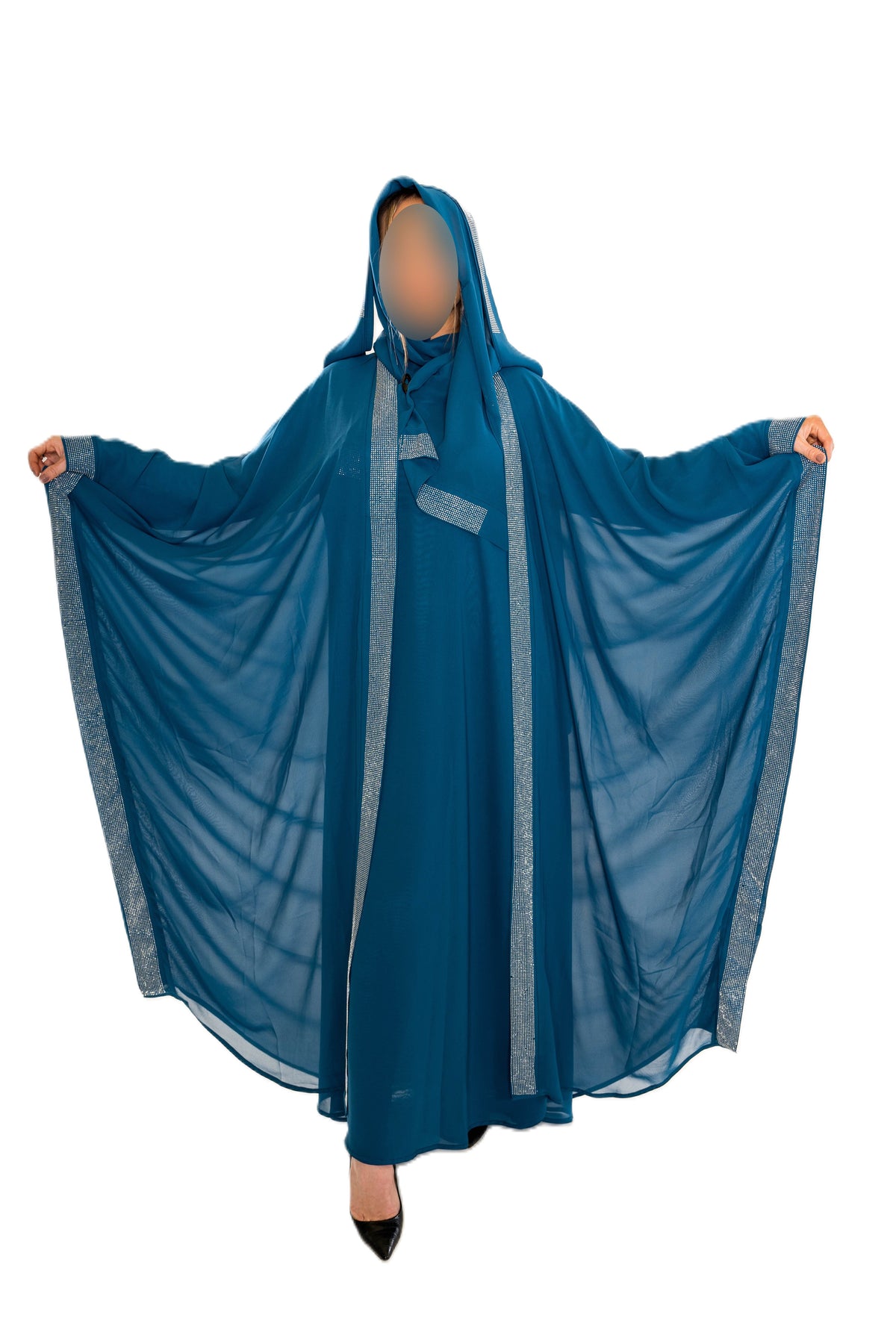 Elegant 3 Piece Fancy Abaya with Hood in Luxurious Chiffon Fabric for Any Occasion