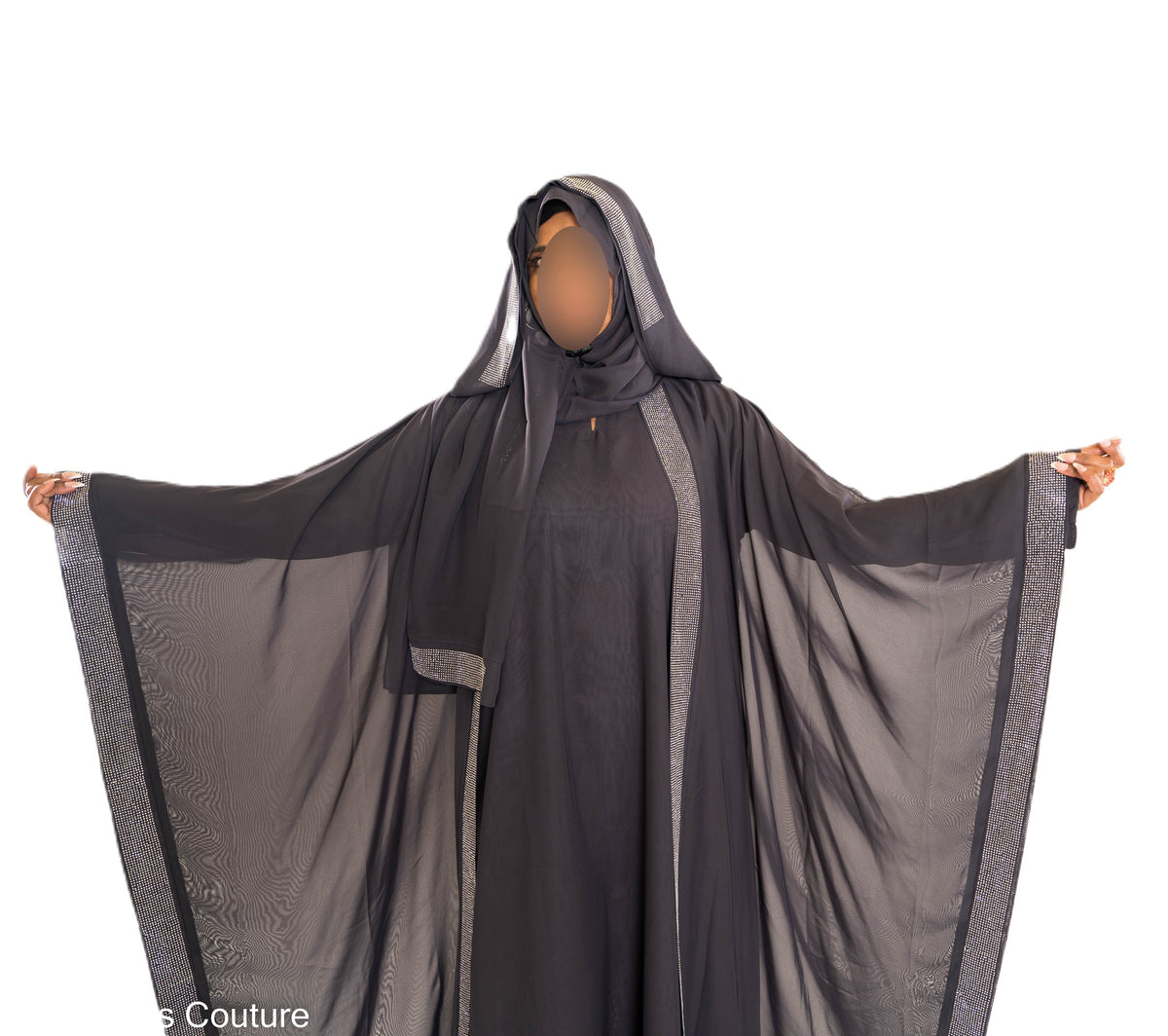 Elegant 3 Piece Fancy Abaya with Hood in Luxurious Chiffon Fabric for Any Occasion