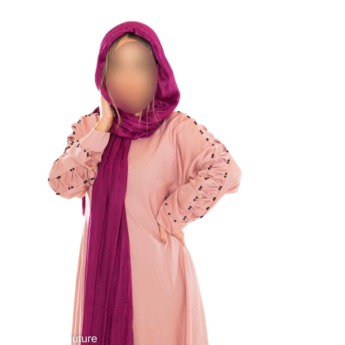 Colour abaya with pleated sleeves and pearls - Scarf sold separately