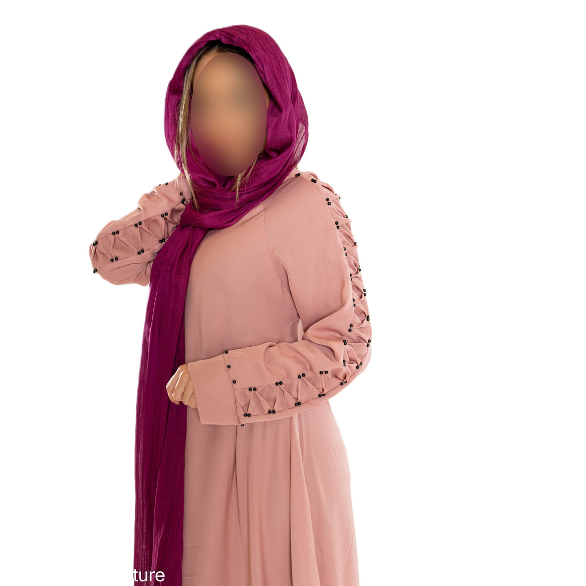 Colour abaya with pleated sleeves and pearls - Scarf sold separately