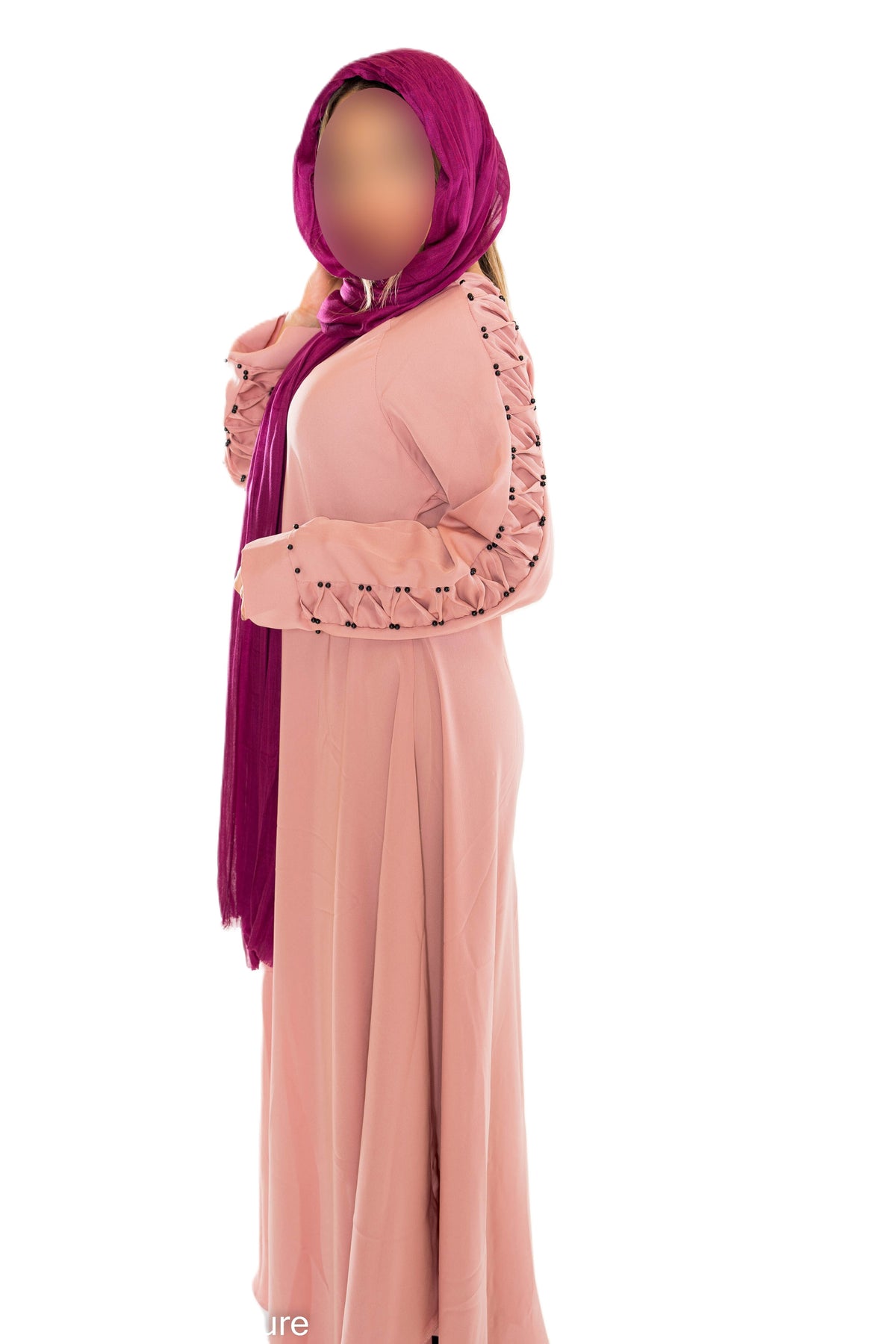 Colour abaya with pleated sleeves and pearls - Scarf sold separately