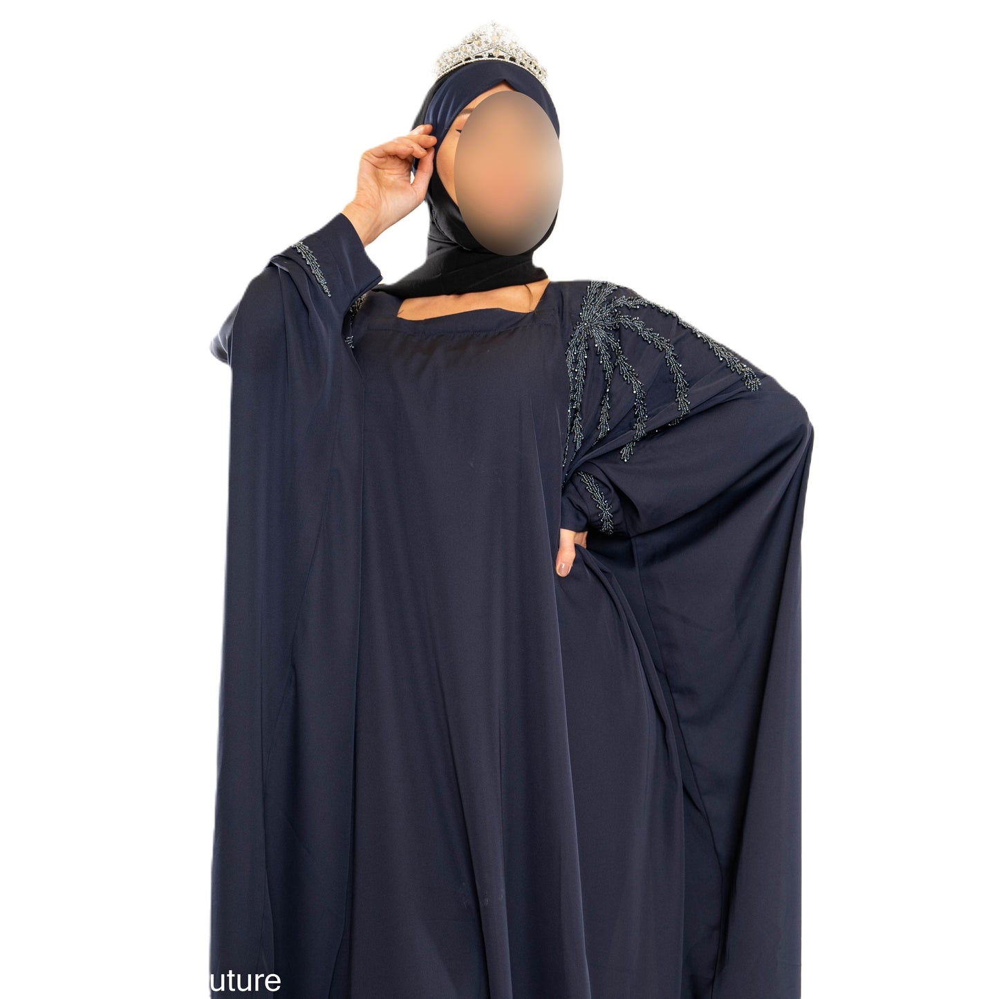 Blue Cutdana Abaya - Elegant Long Sleeve Dress with Unique Cutdana Design for Women
