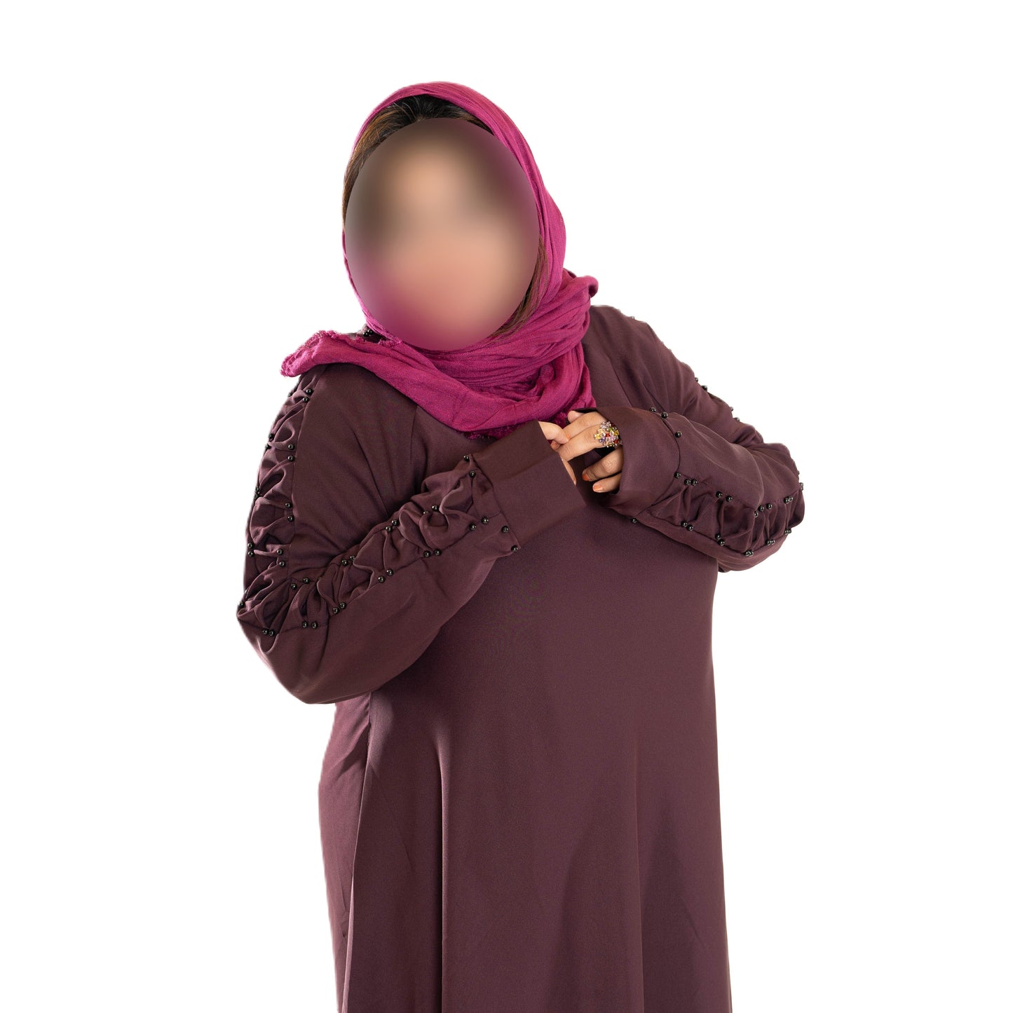 Colour abaya with pleated sleeves and pearls - Scarf sold separately