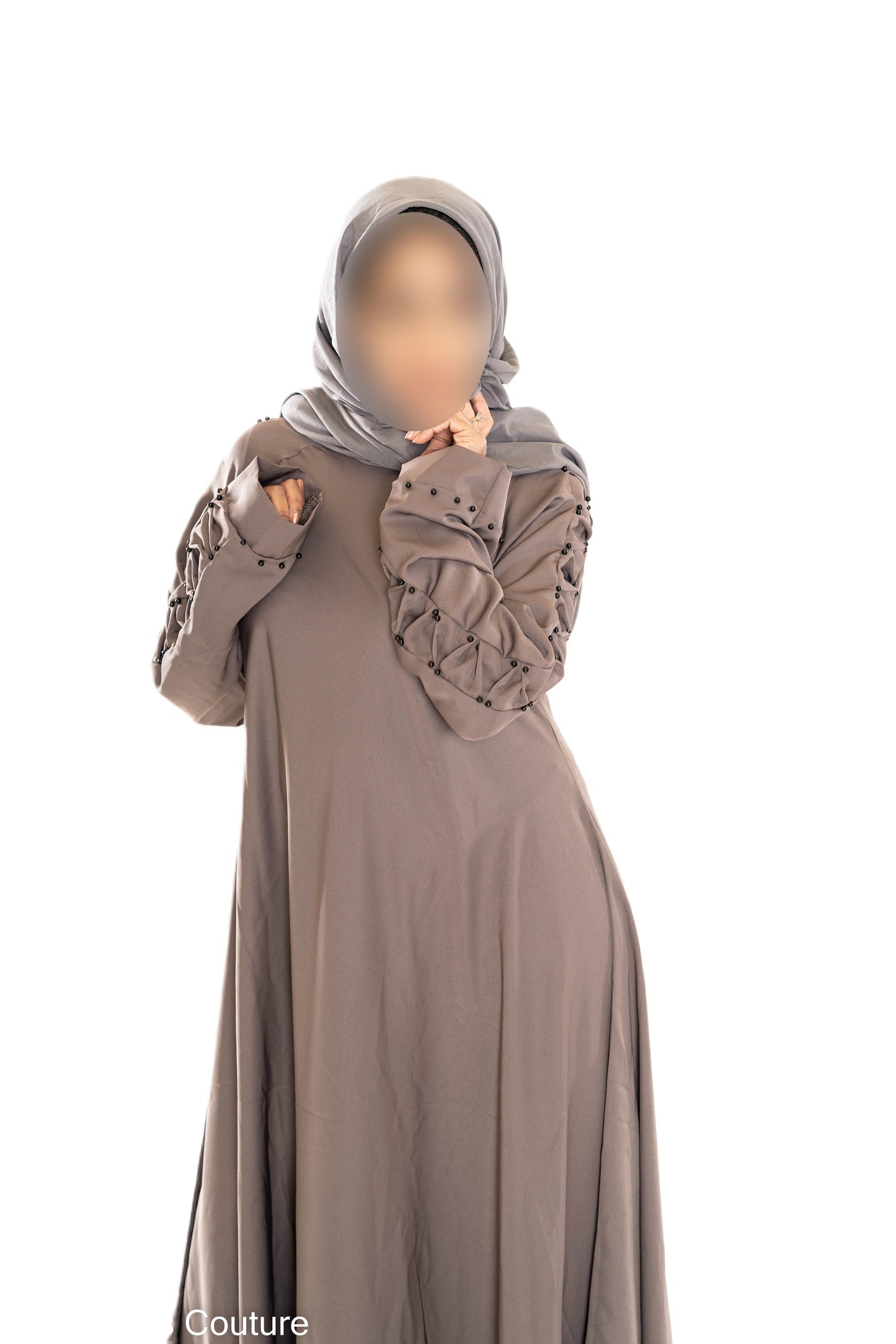 Colour abaya with pleated sleeves and pearls - Scarf sold separately