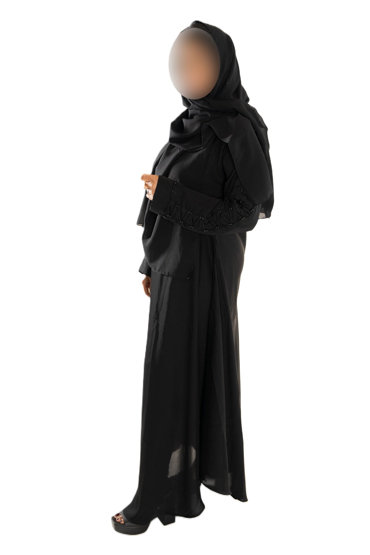 Colour abaya with pleated sleeves and pearls - Scarf sold separately