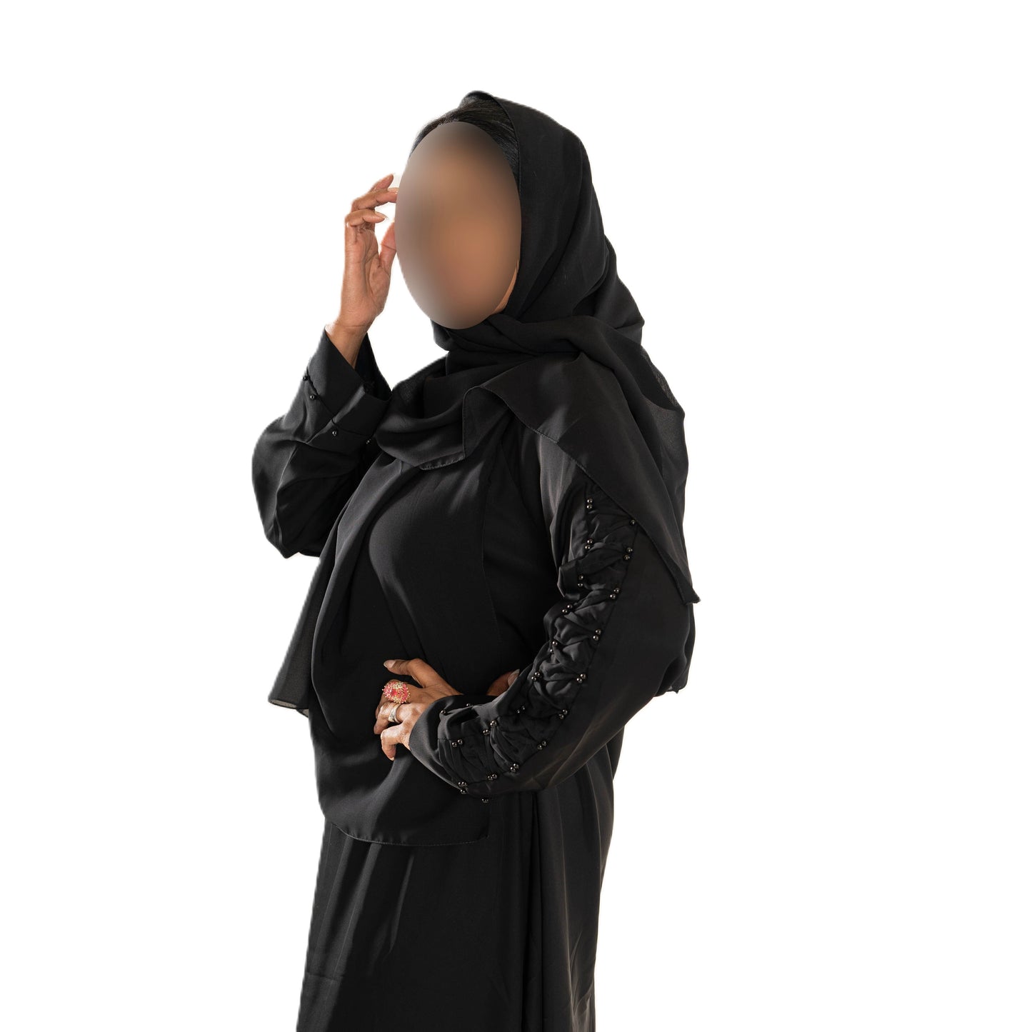 Colour abaya with pleated sleeves and pearls - Scarf sold separately