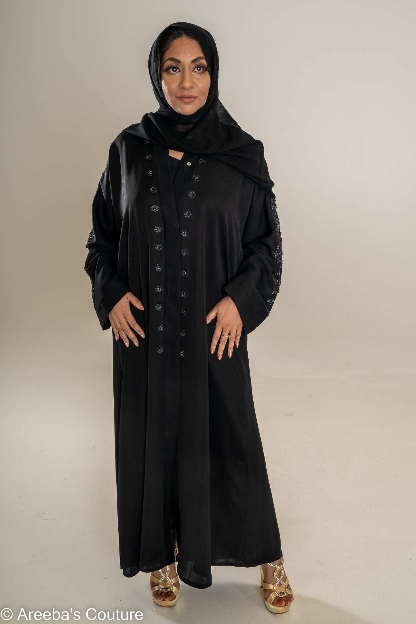 Areeba's Couture Black on Black Cut Dana Abaya - High-Quality Fabric with Elegant Black Dana Detailing for Timeless Style
