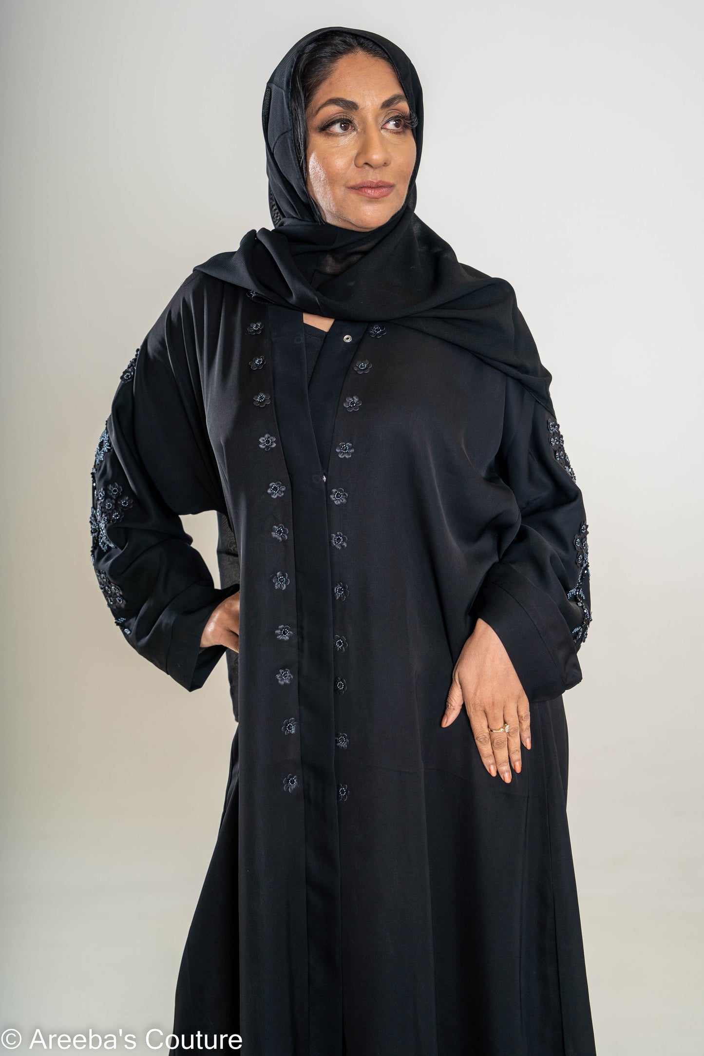 Areeba's Couture Black on Black Cut Dana Abaya - High-Quality Fabric with Elegant Black Dana Detailing for Timeless Style
