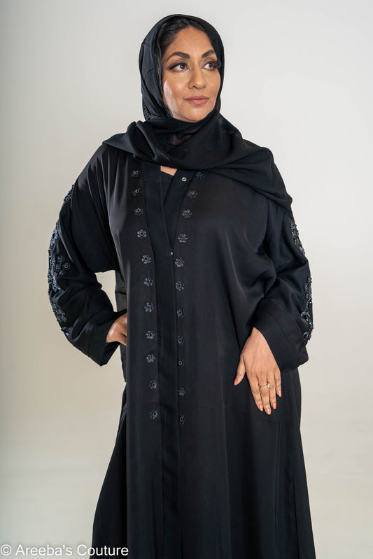 Areeba's Couture Black on Black Cut Dana Abaya - High-Quality Fabric with Elegant Black Dana Detailing for Timeless Style