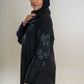 Areeba's Couture Black on Black Cut Dana Abaya - High-Quality Fabric with Elegant Black Dana Detailing for Timeless Style