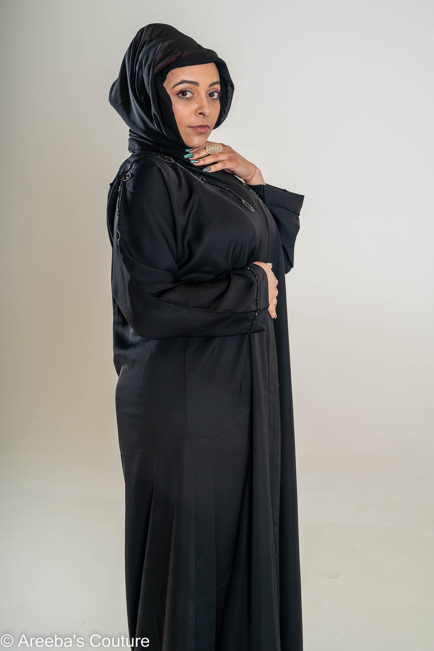 Areeba's Couture Black on Grey Cut Dana Abaya with Elegant Embroidery and Hooded Design
