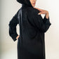 Areeba's Couture Black on Grey Cut Dana Abaya with Elegant Embroidery and Hooded Design