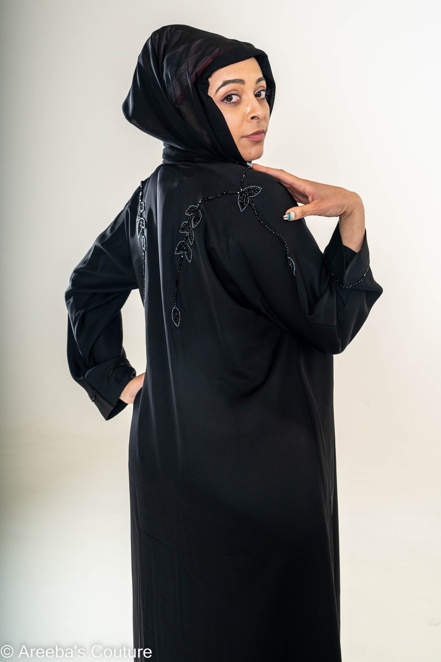 Areeba's Couture Black on Grey Cut Dana Abaya with Elegant Embroidery and Hooded Design
