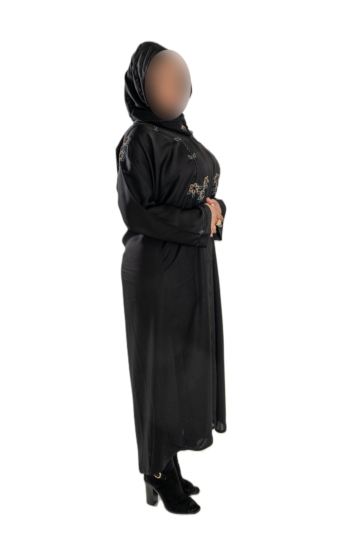 Grey and Gold Cut Dana on Black Abaya - Elegant Intricate Design for Formal Occasions