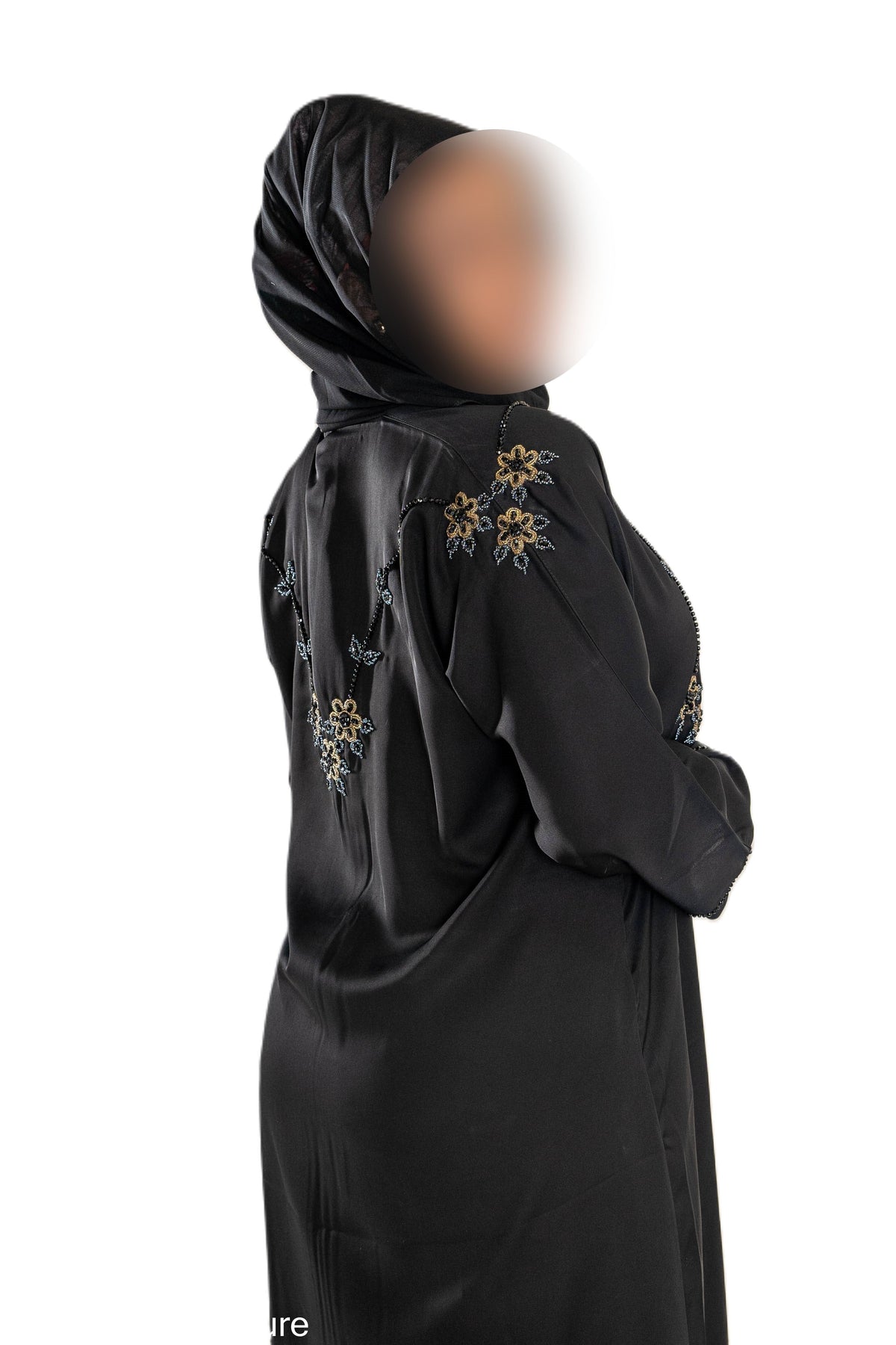 Grey and Gold Cut Dana on Black Abaya - Elegant Intricate Design for Formal Occasions