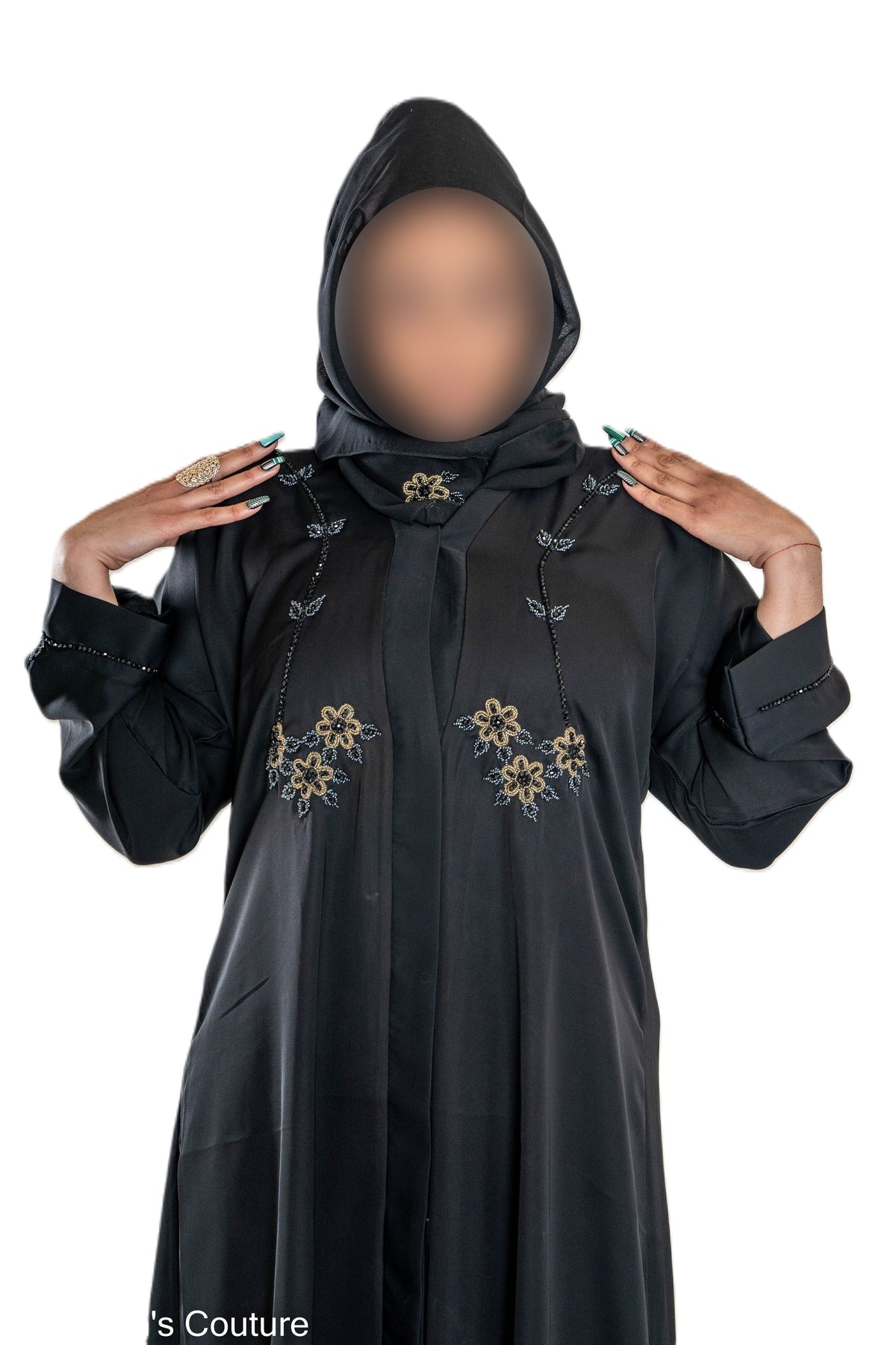Grey and Gold Cut Dana on Black Abaya - Elegant Intricate Design for Formal Occasions