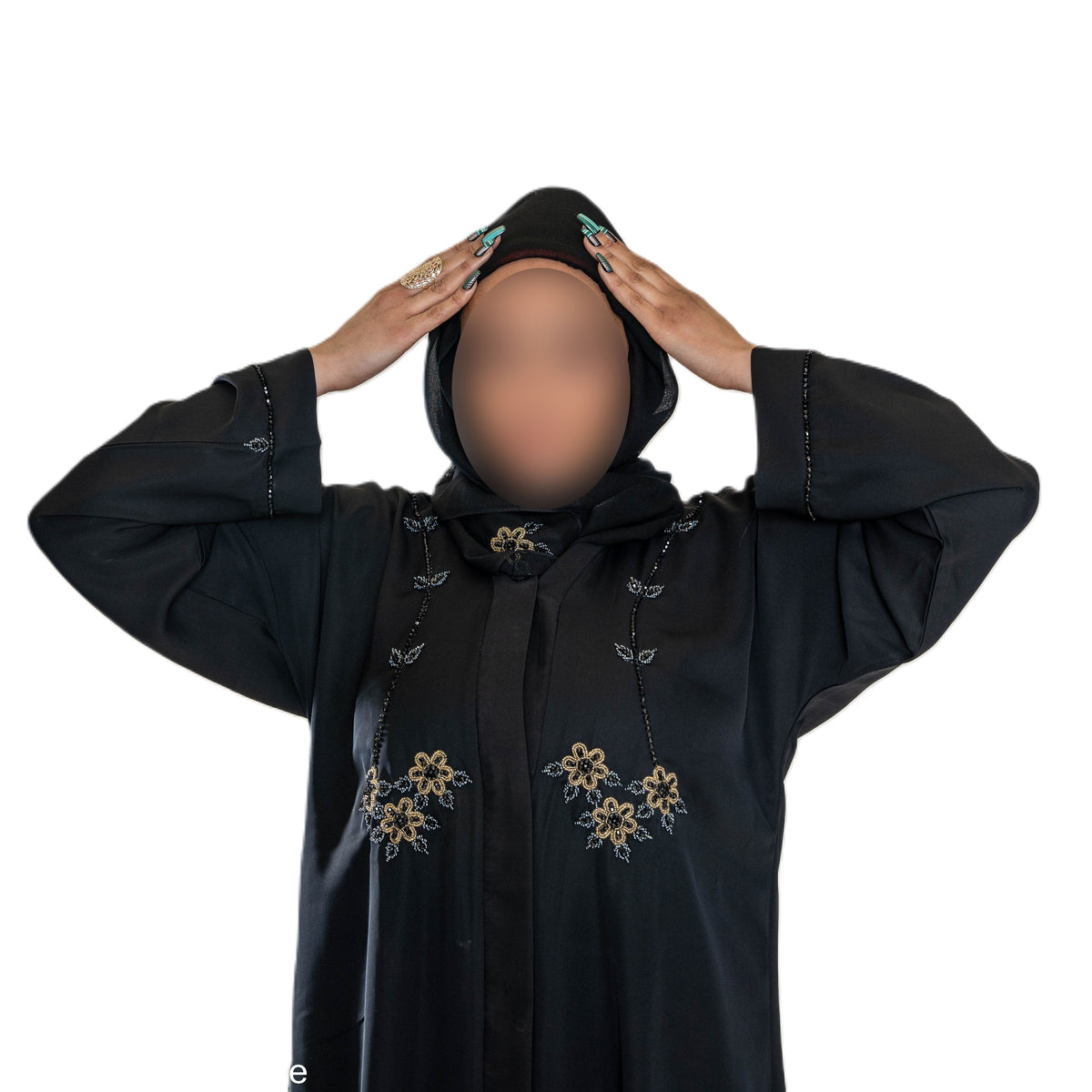 Grey and Gold Cut Dana on Black Abaya - Elegant Intricate Design for Formal Occasions