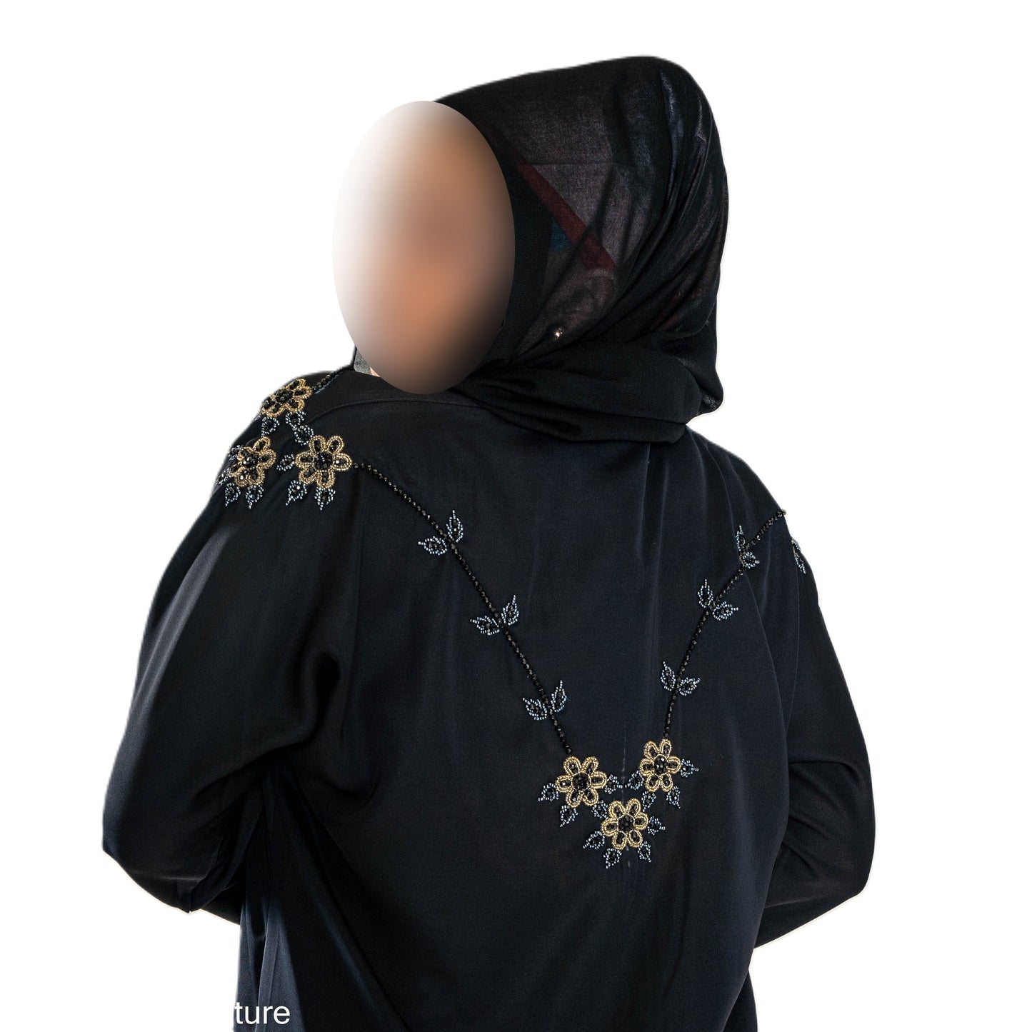 Grey and Gold Cut Dana on Black Abaya - Elegant Intricate Design for Formal Occasions