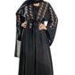 Maroon and gold DMC work on black abaya