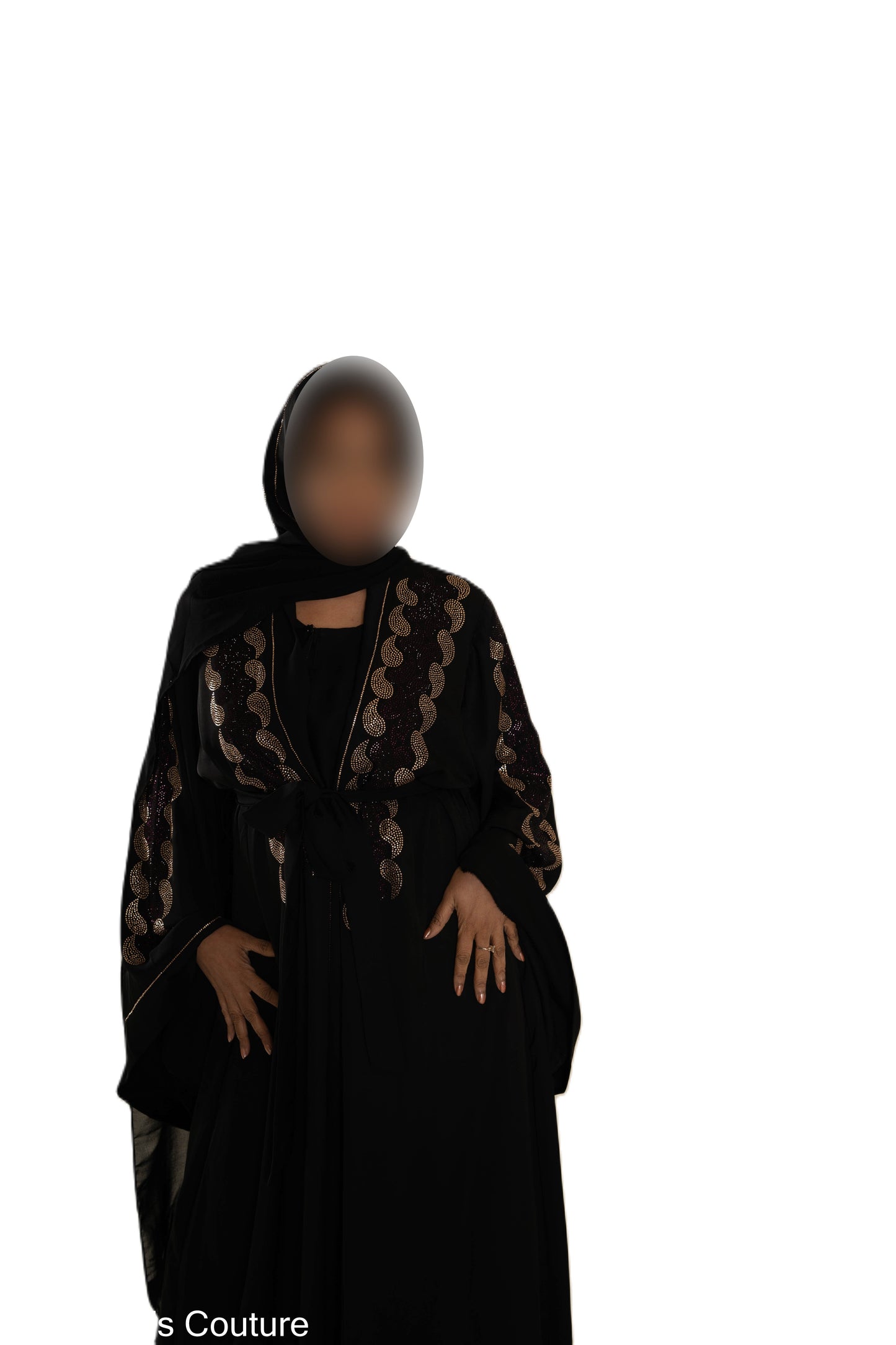 Maroon and gold DMC work on black abaya