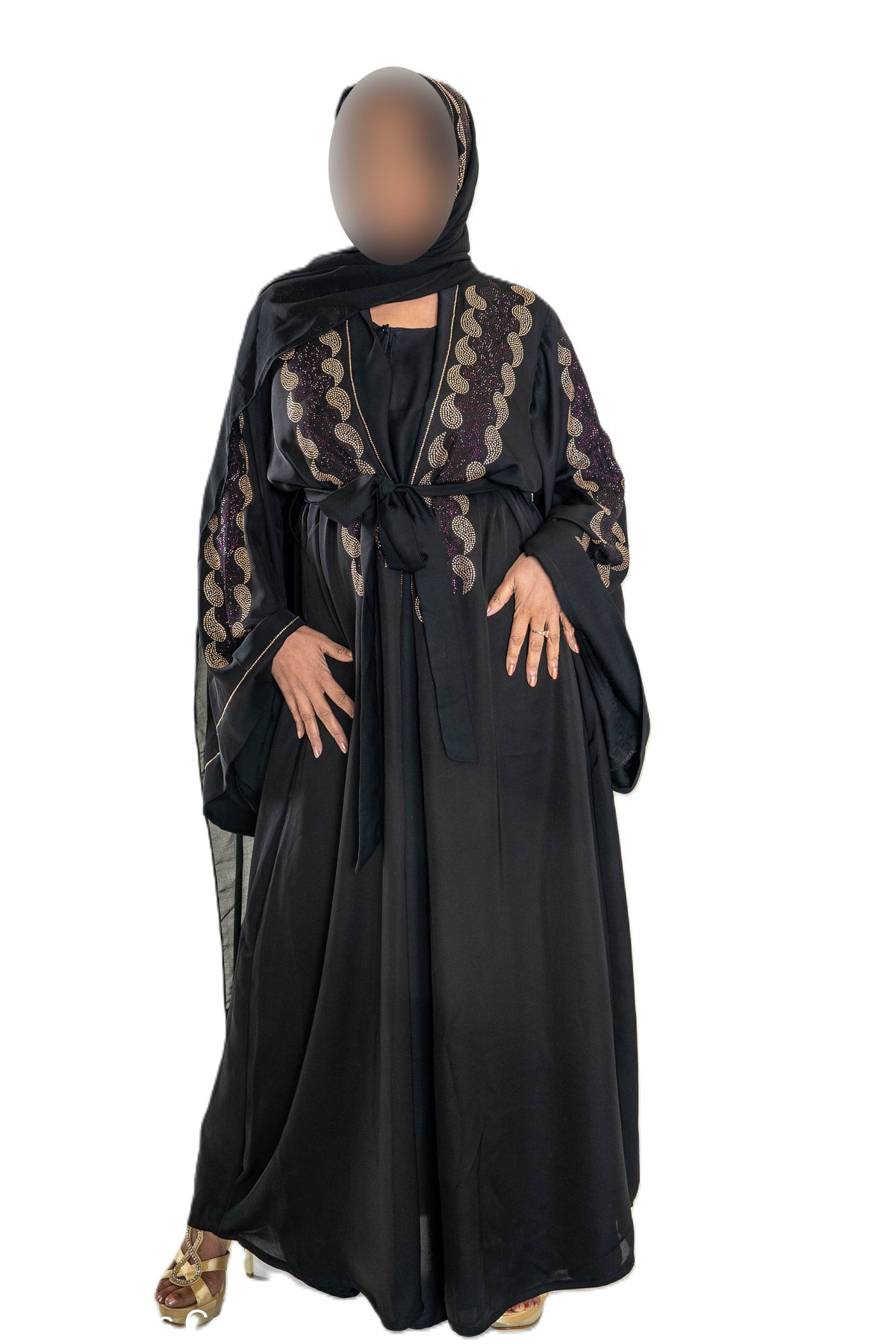 Maroon and gold DMC work on black abaya
