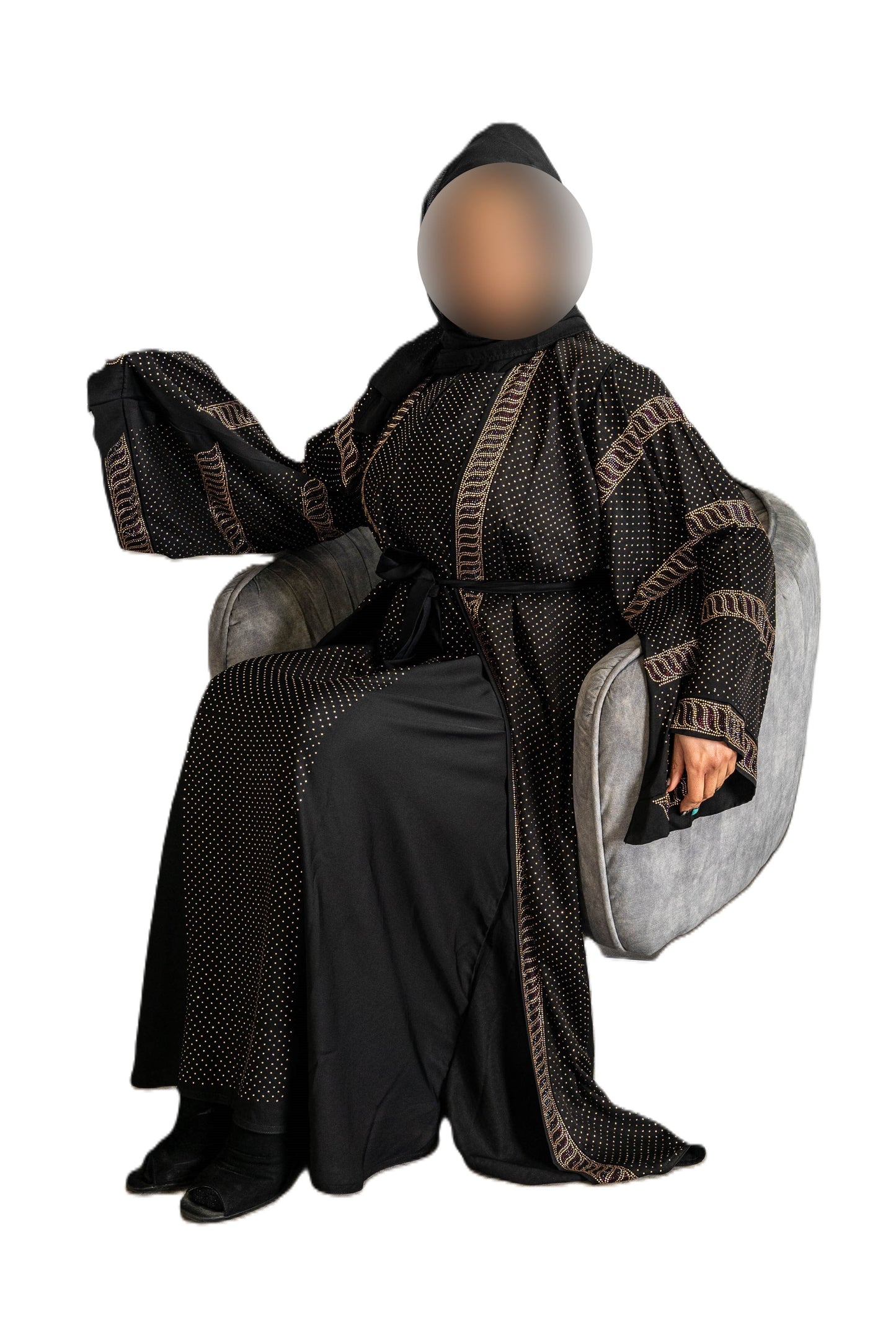 Full front Maroon and gold DMC work on black abaya