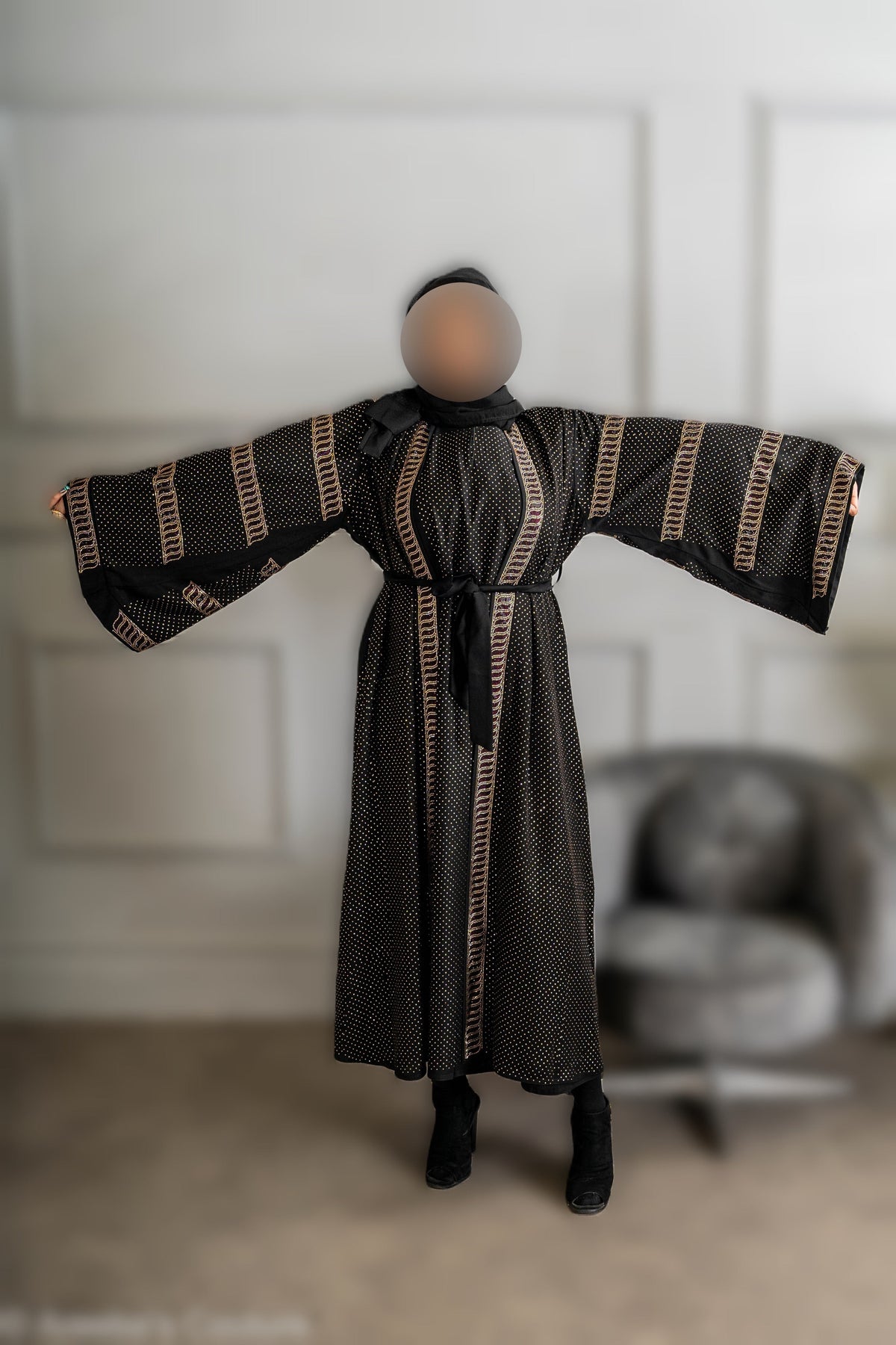 Full front Maroon and gold DMC work on black abaya