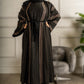 Full front Maroon and gold DMC work on black abaya