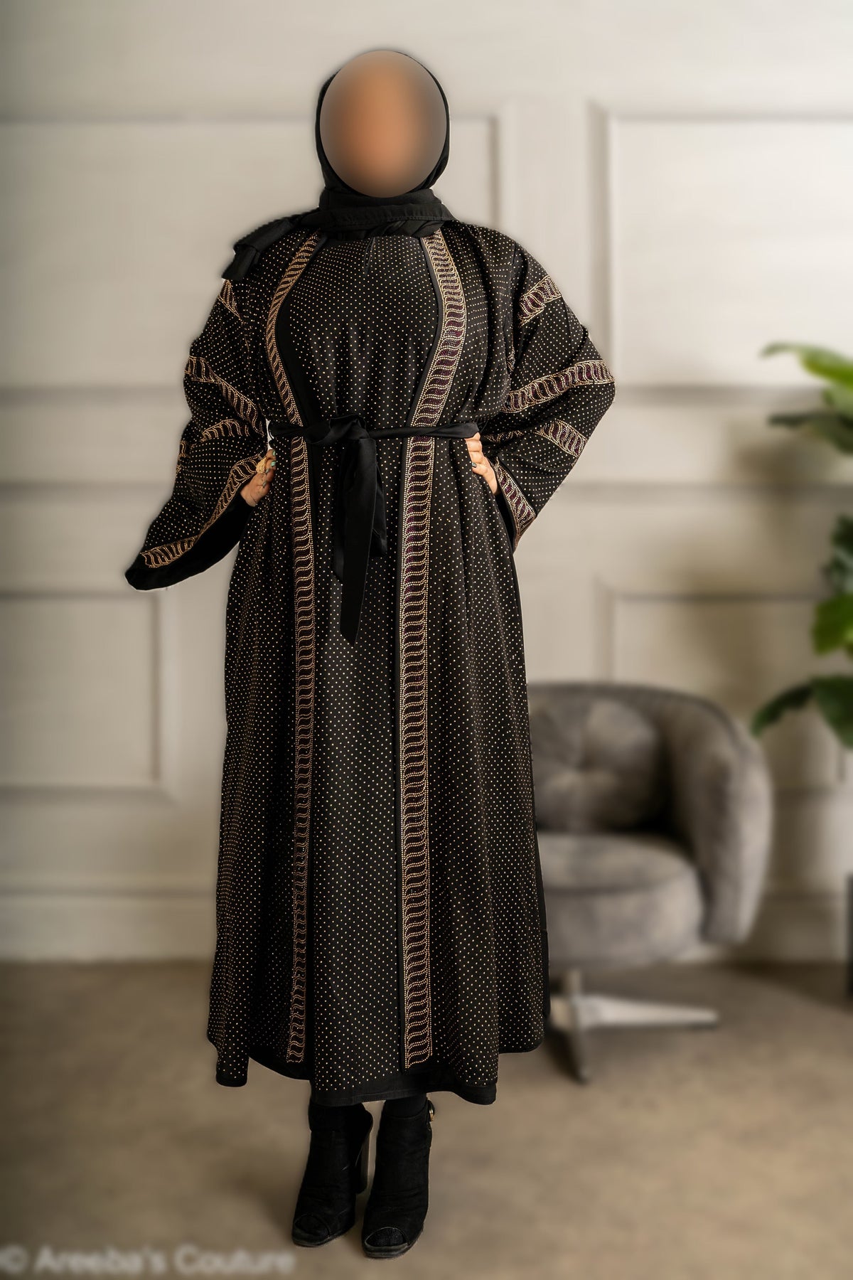Full front Maroon and gold DMC work on black abaya