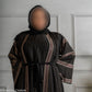 Full front Maroon and gold DMC work on black abaya