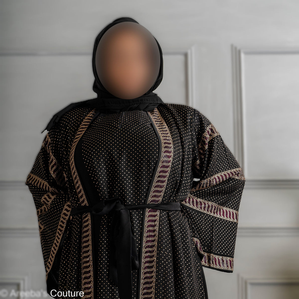 Full front Maroon and gold DMC work on black abaya