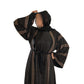 Full front Maroon and gold DMC work on black abaya