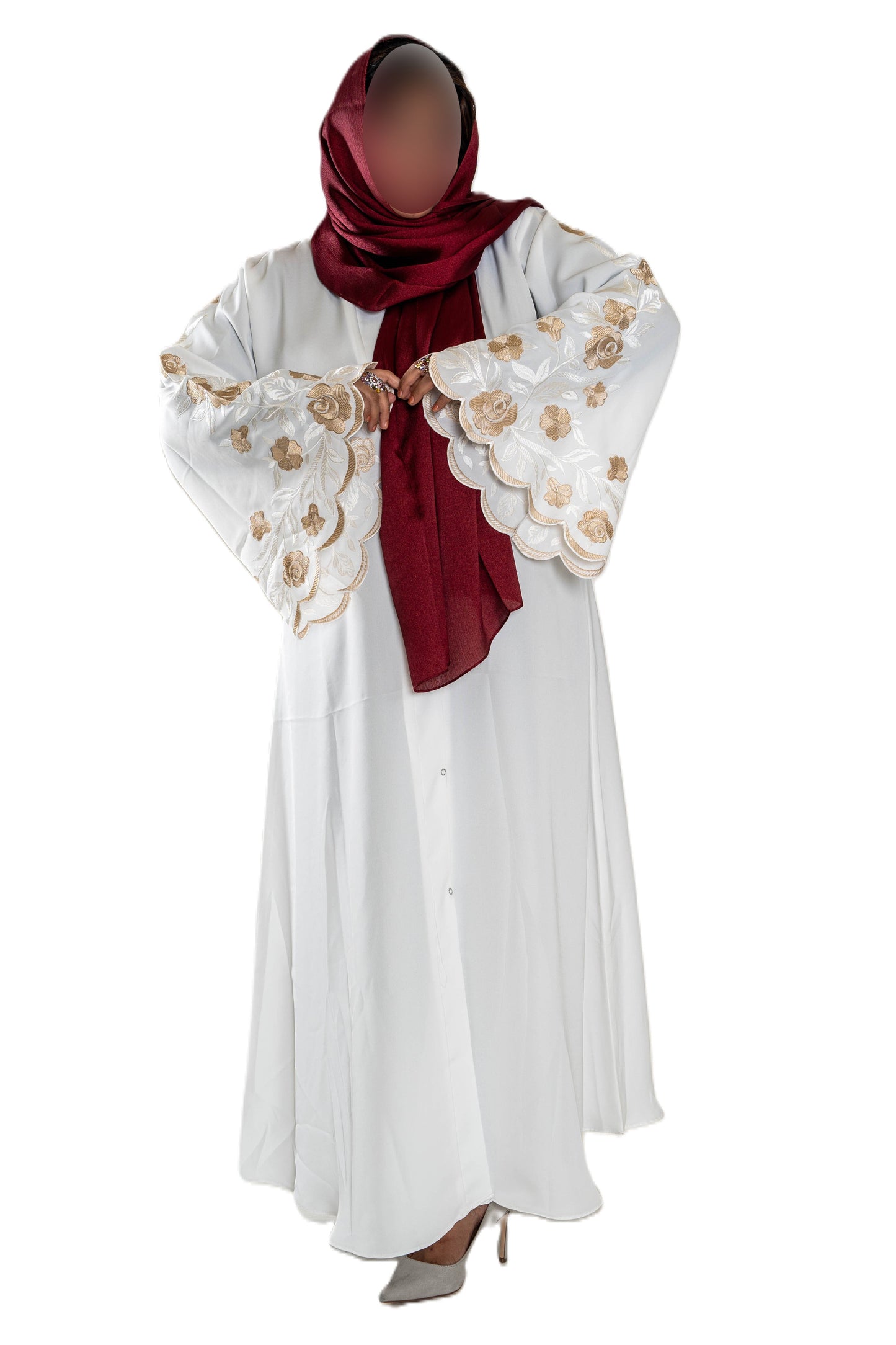 White Abaya with Embroidered Sleeves - High-Quality Fabric & Intricate Embroidery for Elegance and Sophistication ID